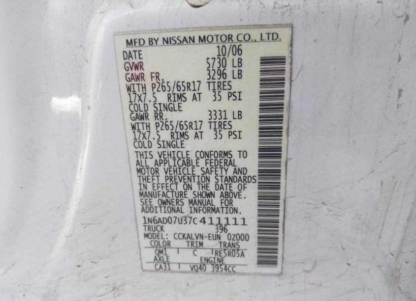 Photo 9 of 2007 Nissan Frontier LE (VIN 1N6AD07U37C411111)