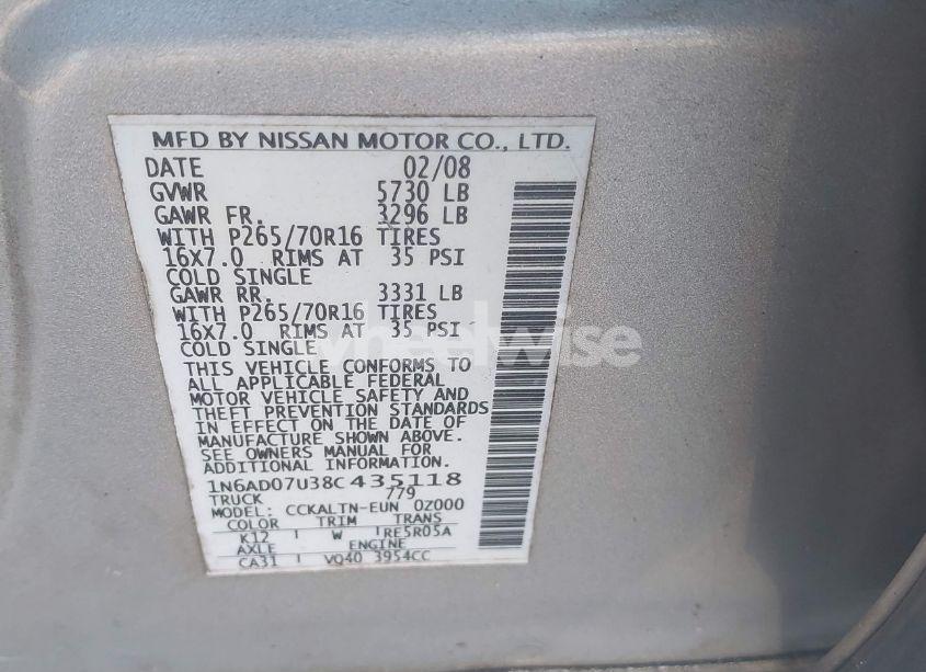 Photo 9 of 2008 Nissan Frontier SE (VIN 1N6AD07U38C435118)