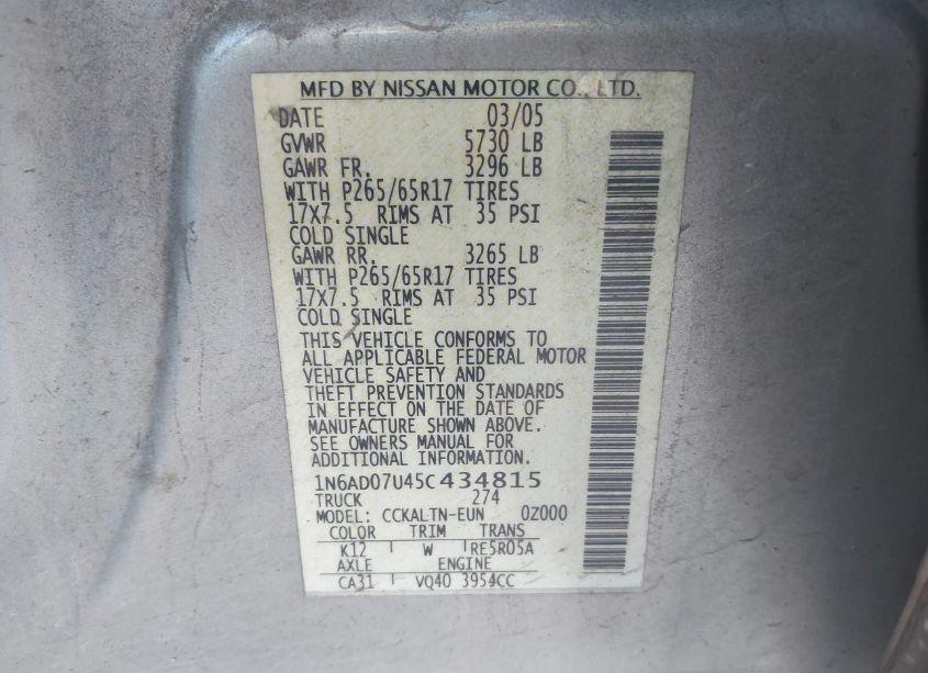 Photo 9 of 2005 Nissan Frontier LE (VIN 1N6AD07U45C434815)