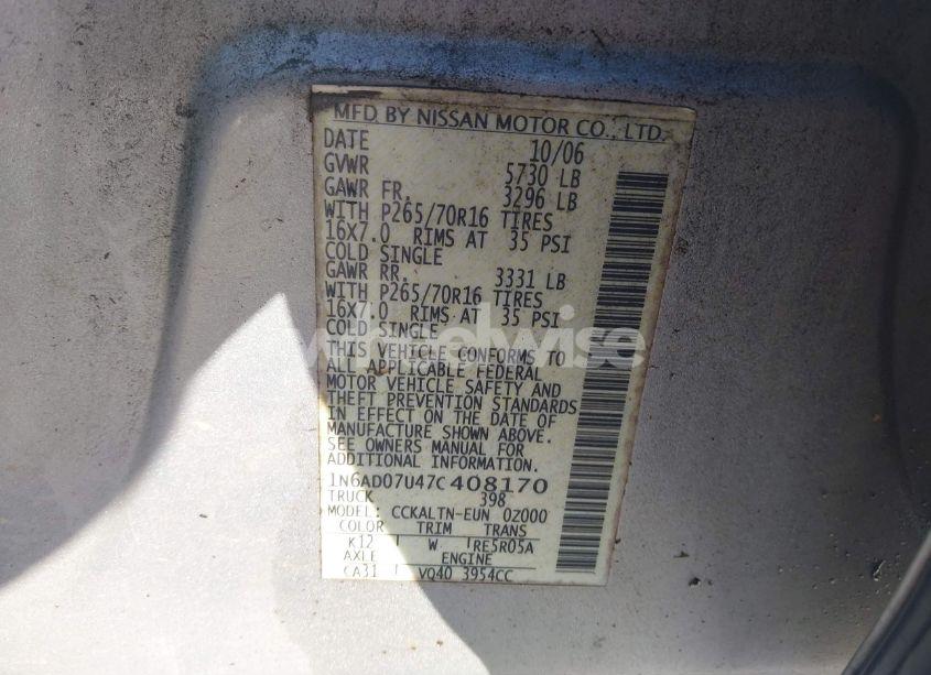 Photo 9 of 2007 Nissan Frontier SE (VIN 1N6AD07U47C408170)