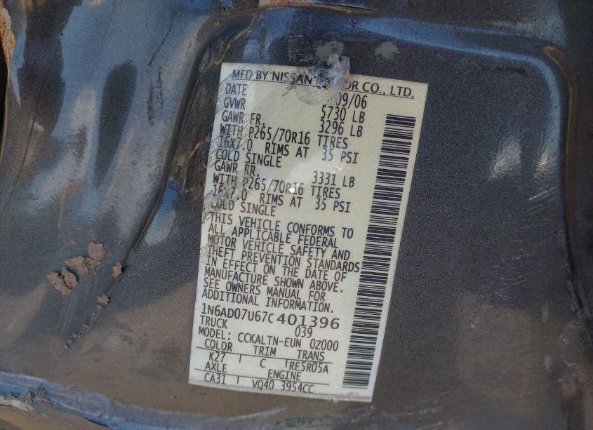 Photo 9 of 2007 Nissan Frontier SE (VIN 1N6AD07U67C401396)