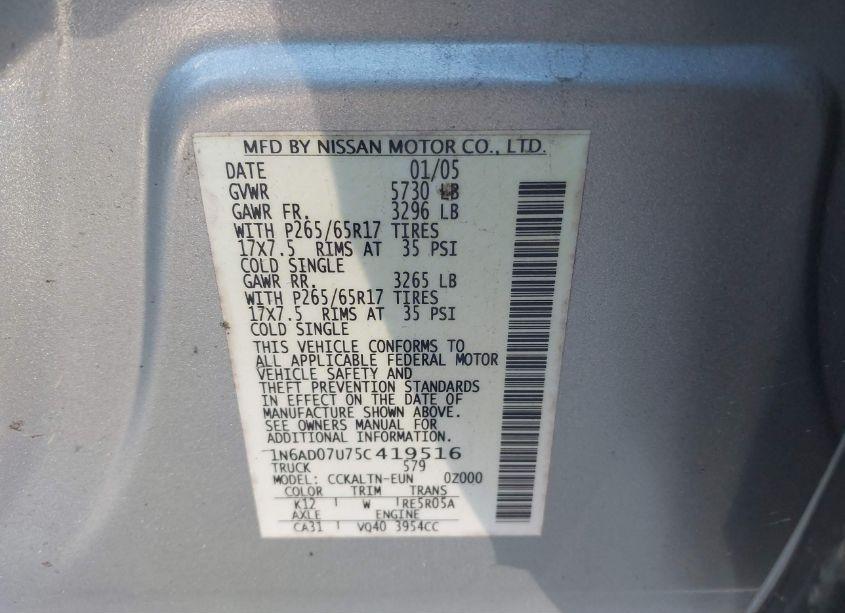 Photo 9 of 2005 Nissan Frontier LE (VIN 1N6AD07U75C419516)