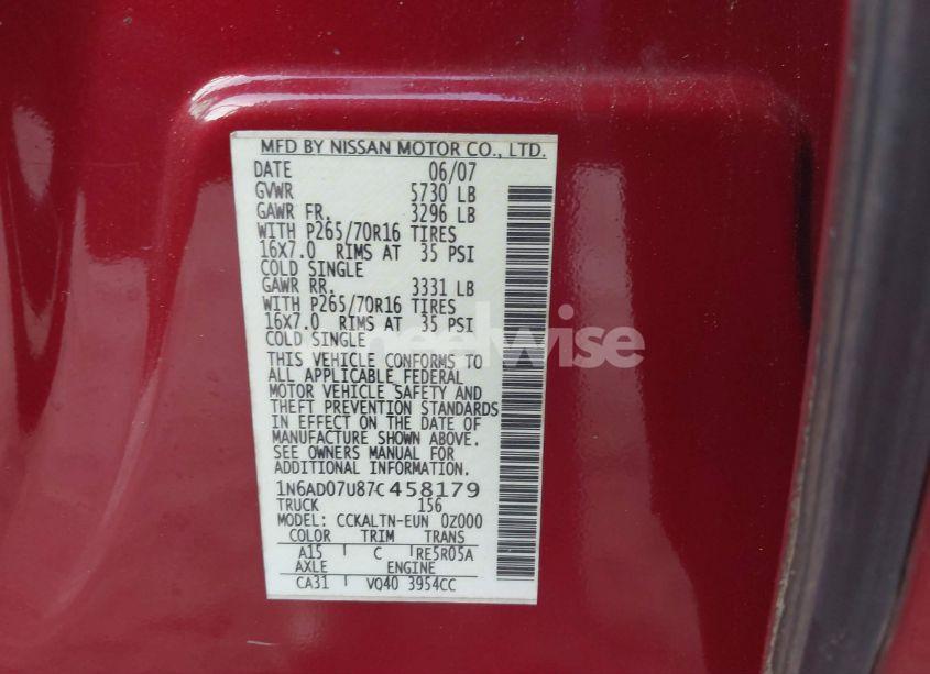 Photo 9 of 2007 Nissan Frontier SE (VIN 1N6AD07U87C458179)