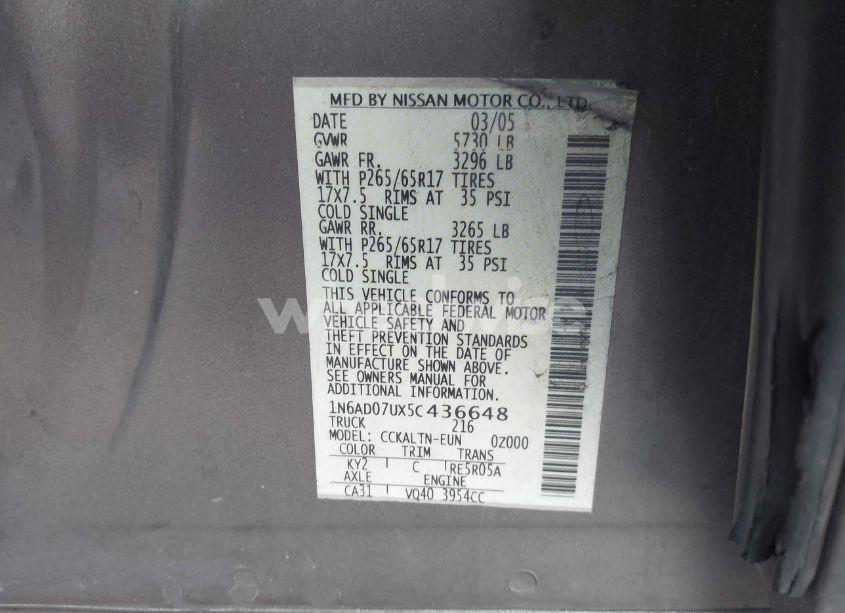 Photo 9 of 2005 Nissan Frontier LE (VIN 1N6AD07UX5C436648)