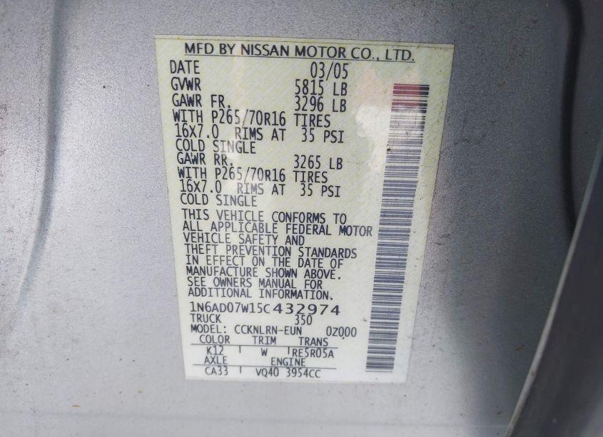 Photo 9 of 2005 Nissan Frontier SE (VIN 1N6AD07W15C432974)