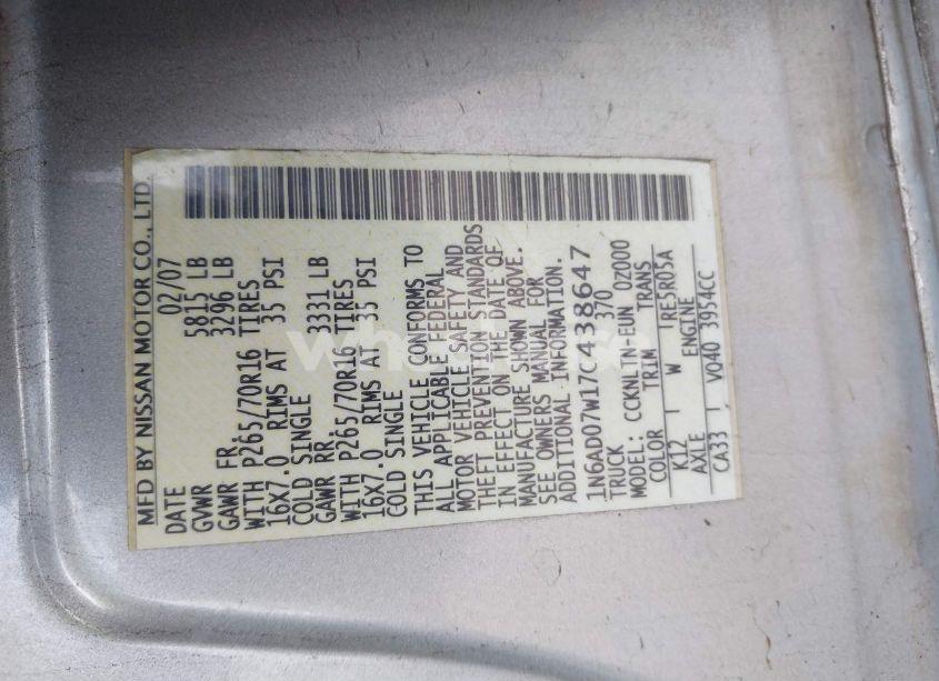 Photo 9 of 2007 Nissan Frontier SE (VIN 1N6AD07W17C438647)