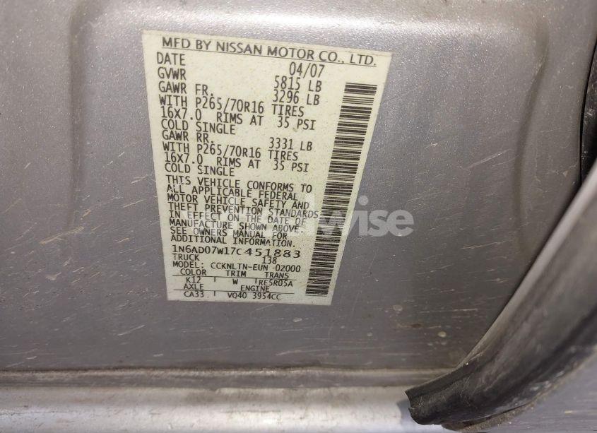 Photo 9 of 2007 Nissan Frontier SE (VIN 1N6AD07W17C451883)