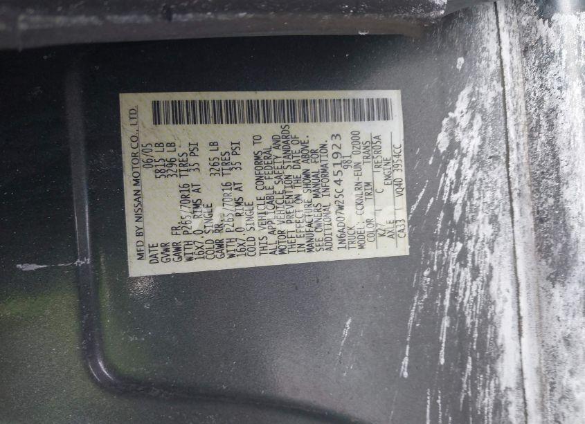 Photo 9 of 2005 Nissan Frontier SE (VIN 1N6AD07W25C451923)