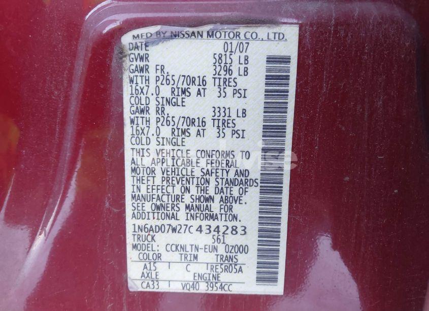 Photo 9 of 2007 Nissan Frontier SE (VIN 1N6AD07W27C434283)