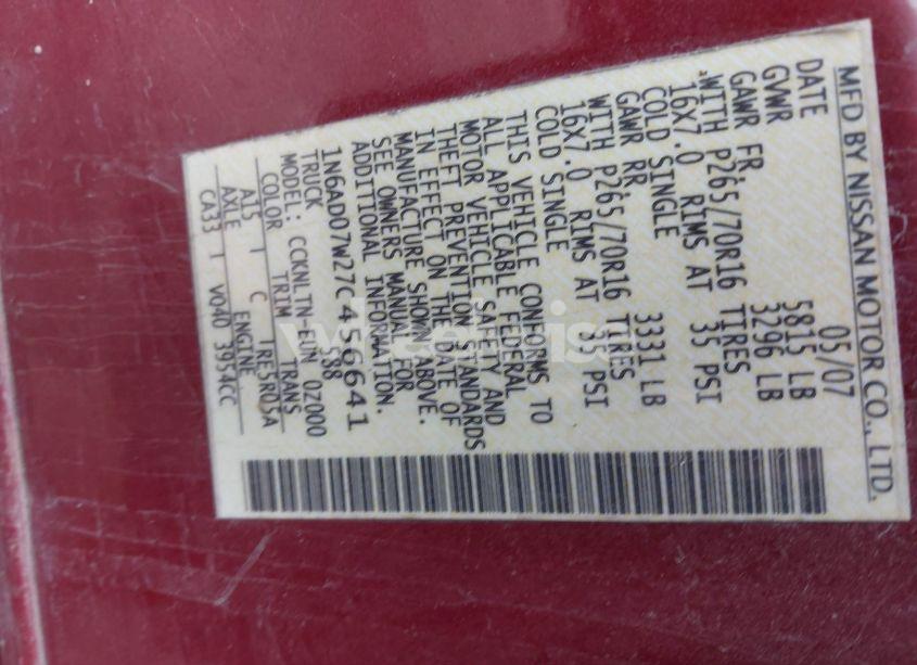 Photo 9 of 2007 Nissan Frontier SE (VIN 1N6AD07W27C456641)