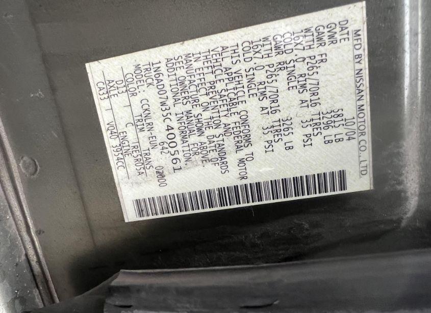 Photo 8 of 2005 Nissan Frontier SE (VIN 1N6AD07W35C400561)