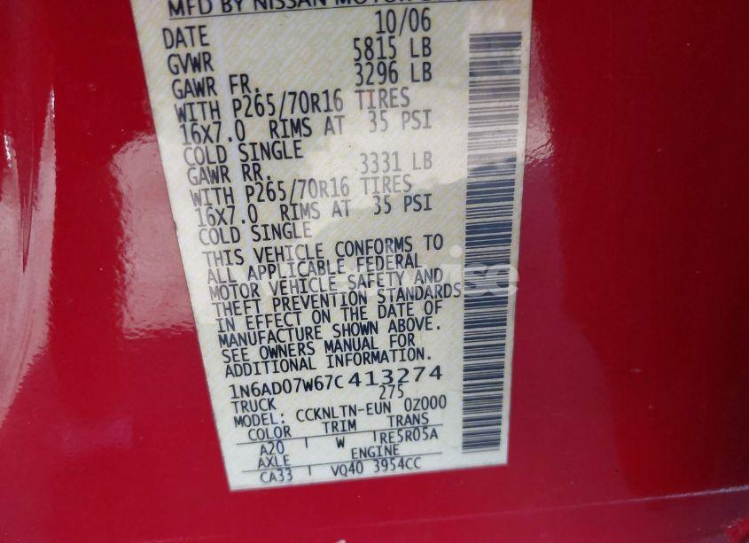 Photo 9 of 2007 Nissan Frontier SE (VIN 1N6AD07W67C413274)