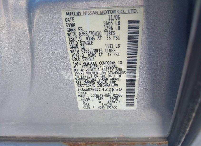 Photo 9 of 2007 Nissan Frontier SE (VIN 1N6AD07W67C422850)