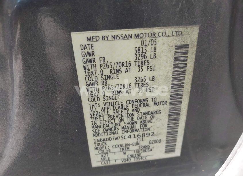 Photo 9 of 2005 Nissan Frontier SE (VIN 1N6AD07W75C416892)