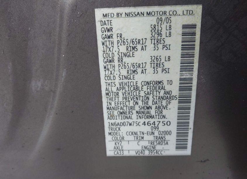 Photo 9 of 2005 Nissan Frontier LE (VIN 1N6AD07W75C464750)