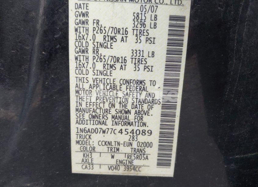 Photo 9 of 2007 Nissan Frontier SE (VIN 1N6AD07W77C454089)