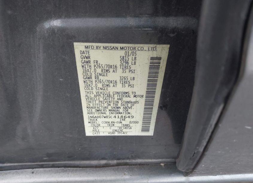 Photo 9 of 2005 Nissan Frontier SE (VIN 1N6AD07W85C418649)