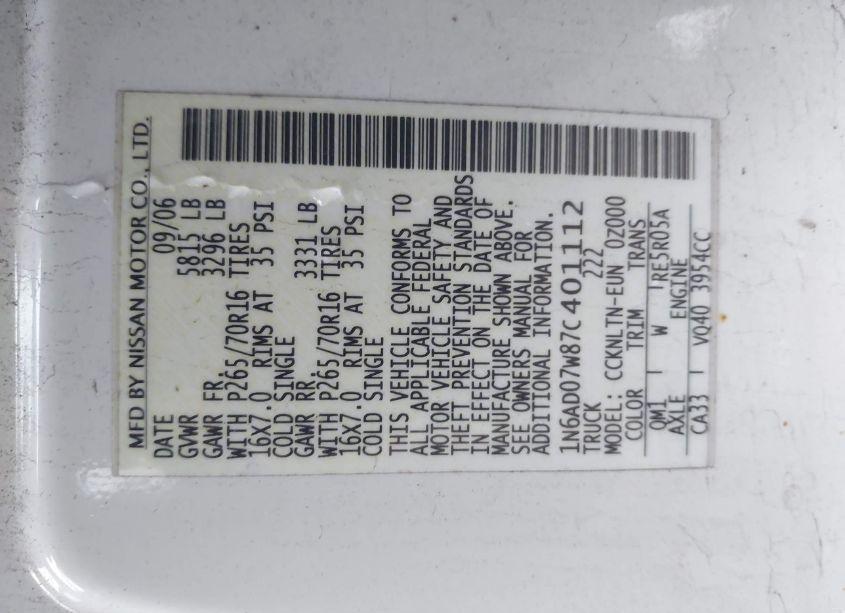Photo 9 of 2007 Nissan Frontier SE (VIN 1N6AD07W87C401112)