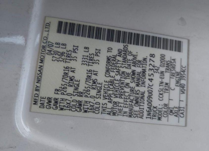 Photo 9 of 2007 Nissan Frontier SE (VIN 1N6AD09U07C453278)