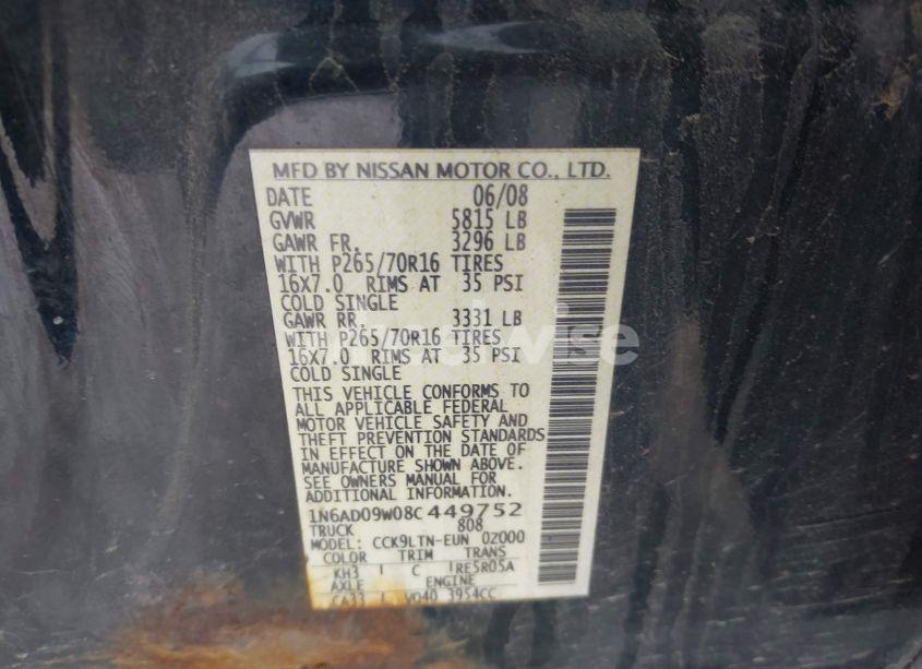 Photo 9 of 2008 Nissan Frontier SE (VIN 1N6AD09W08C449752)