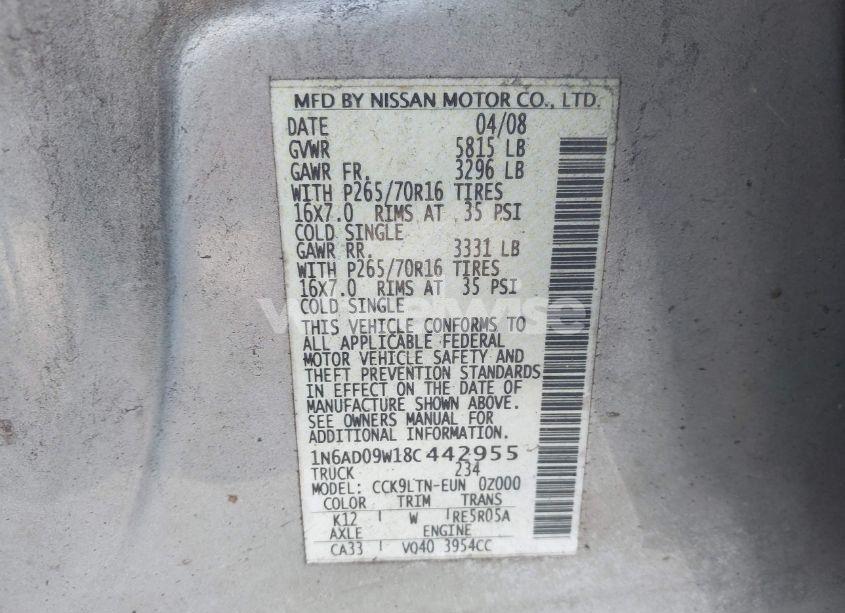 Photo 9 of 2008 Nissan Frontier SE (VIN 1N6AD09W18C442955)