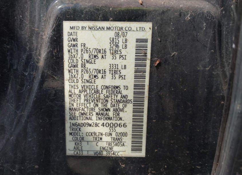 Photo 9 of 2008 Nissan Frontier SE (VIN 1N6AD09W28C400066)