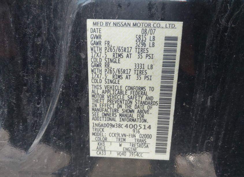 Photo 9 of 2008 Nissan Frontier LE (VIN 1N6AD09W38C400514)