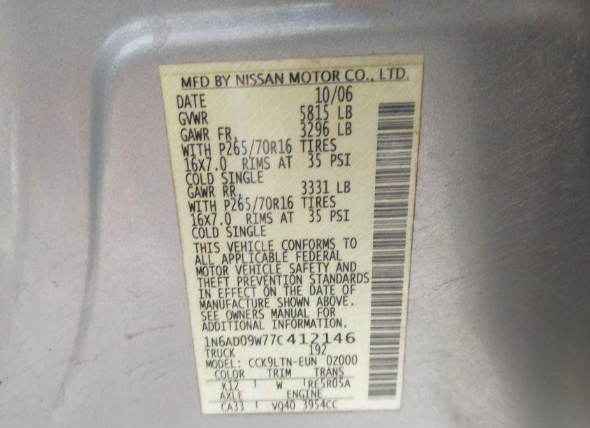 Photo 9 of 2007 Nissan Frontier SE (VIN 1N6AD09W77C412146)
