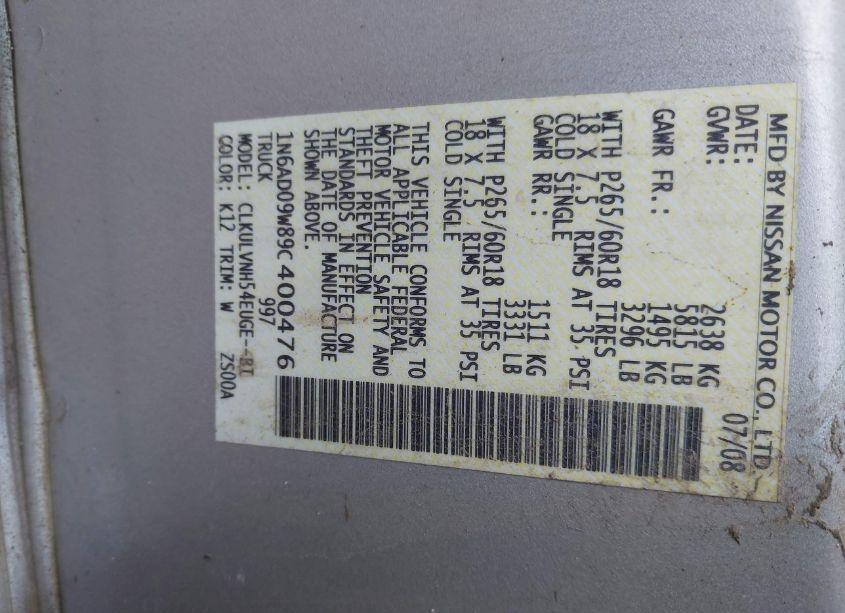 Photo 9 of 2009 Nissan Frontier LE (VIN 1N6AD09W89C400476)