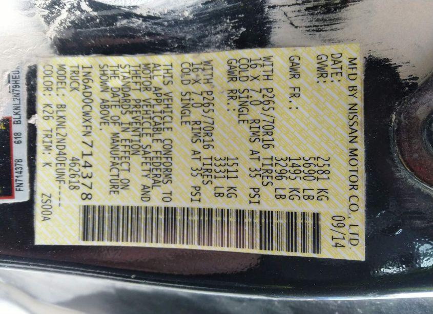 Photo 9 of 2015 Nissan Frontier SV (VIN 1N6AD0CWXFN714378)