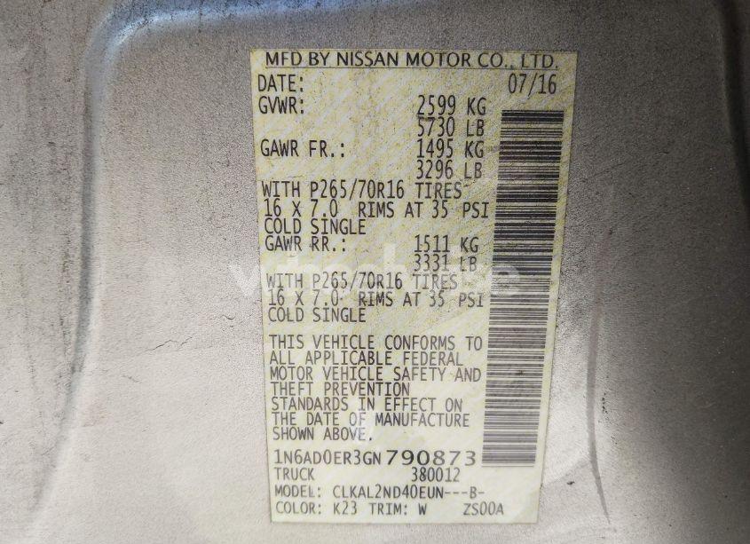 Photo 9 of 2016 Nissan Frontier DESERT RUNNER/S/SL/SV (VIN 1N6AD0ER3GN790873)