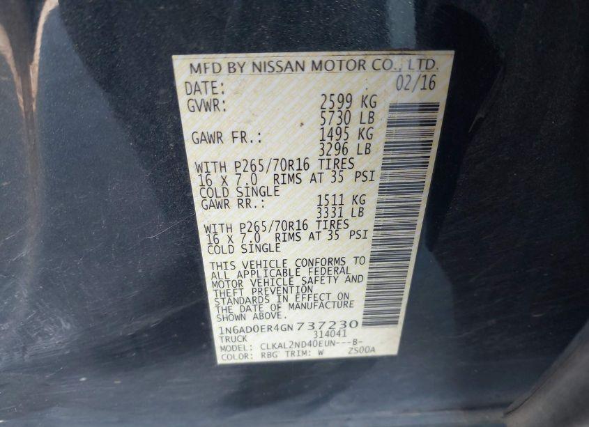 Photo 9 of 2016 Nissan Frontier DESERT RUNNER/S/SL/SV (VIN 1N6AD0ER4GN737230)