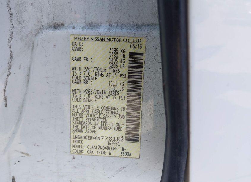 Photo 9 of 2016 Nissan Frontier DESERT RUNNER/S/SL/SV (VIN 1N6AD0ER4GN778182)