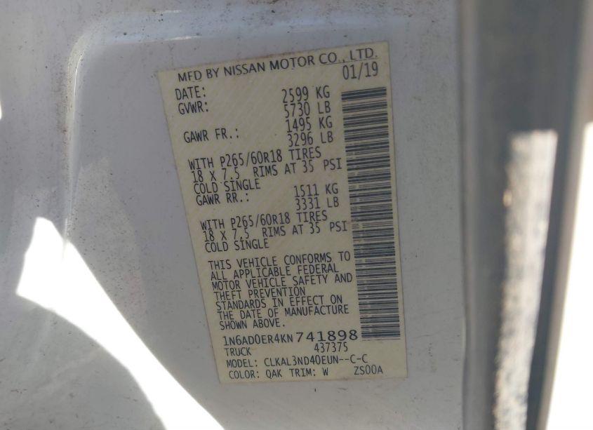 Photo 8 of 2019 Nissan Frontier SL (VIN 1N6AD0ER4KN741898)