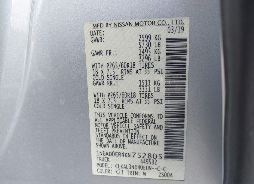 Photo 9 of 2019 Nissan Frontier SL (VIN 1N6AD0ER4KN752805)