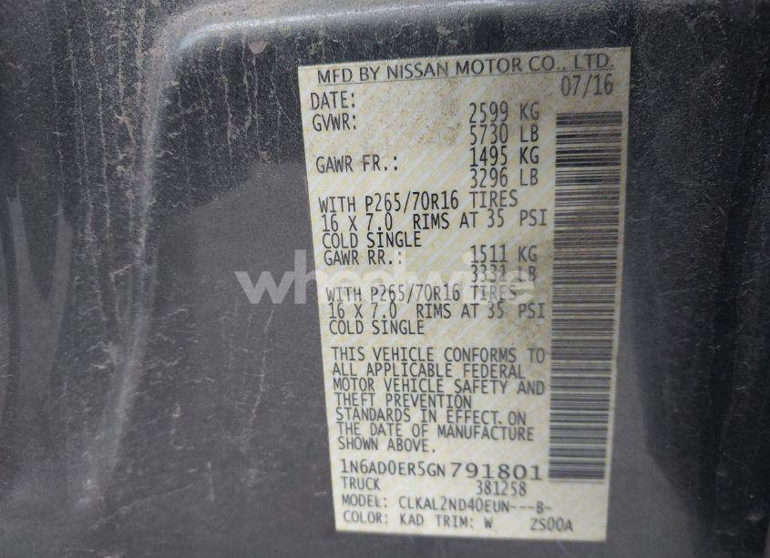 Photo 9 of 2016 Nissan Frontier SV (VIN 1N6AD0ER5GN791801)