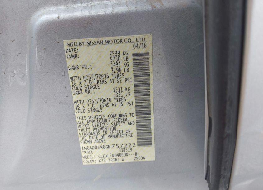 Photo 9 of 2016 Nissan Frontier SV (VIN 1N6AD0ER6GN757222)