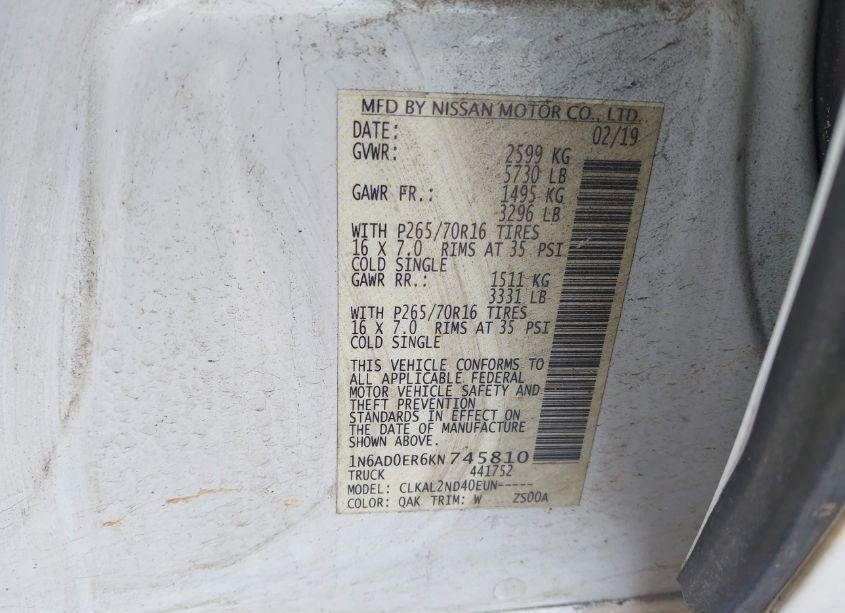 Photo 9 of 2019 Nissan Frontier SV (VIN 1N6AD0ER6KN745810)