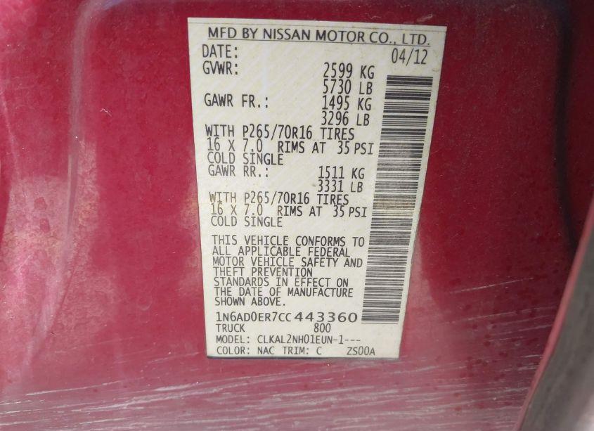 Photo 9 of 2012 Nissan Frontier SV (VIN 1N6AD0ER7CC443360)