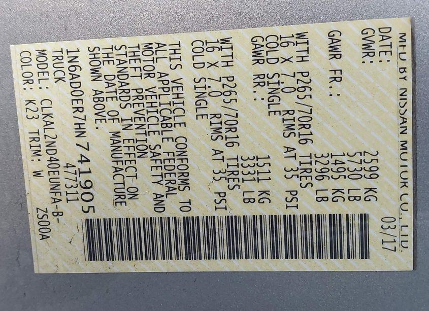 Photo 9 of 2017 Nissan Frontier SV (VIN 1N6AD0ER7HN741905)