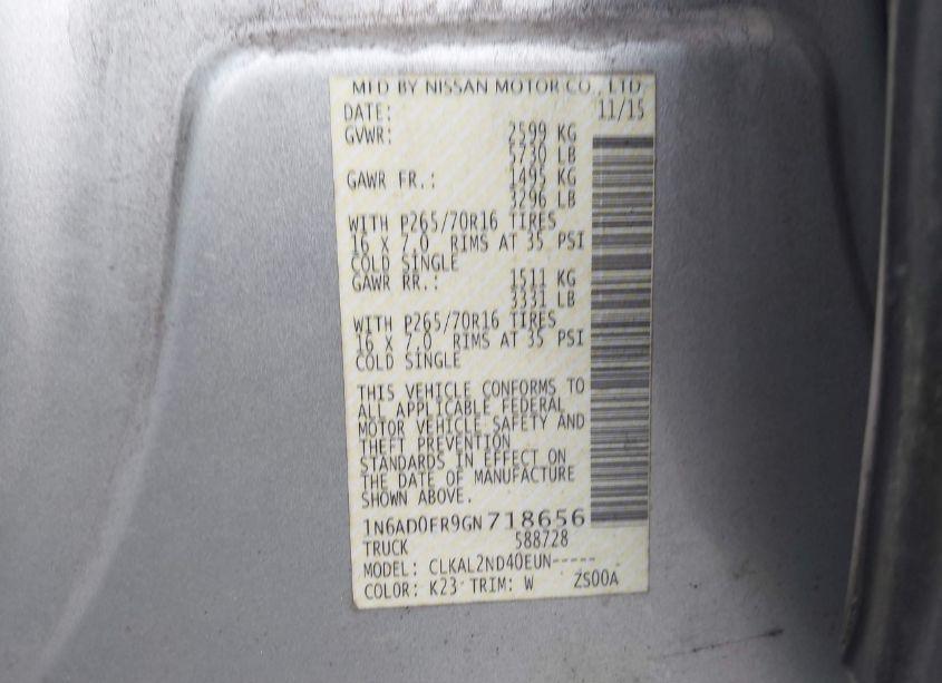 Photo 9 of 2016 Nissan Frontier DESERT RUNNER/S/SL/SV (VIN 1N6AD0ER9GN718656)