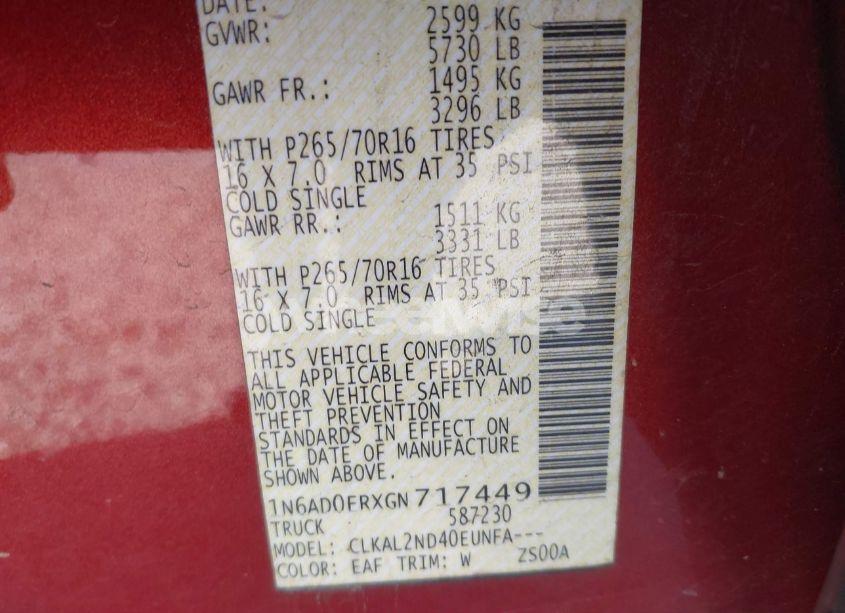 Photo 9 of 2016 Nissan Frontier SV (VIN 1N6AD0ERXGN717449)