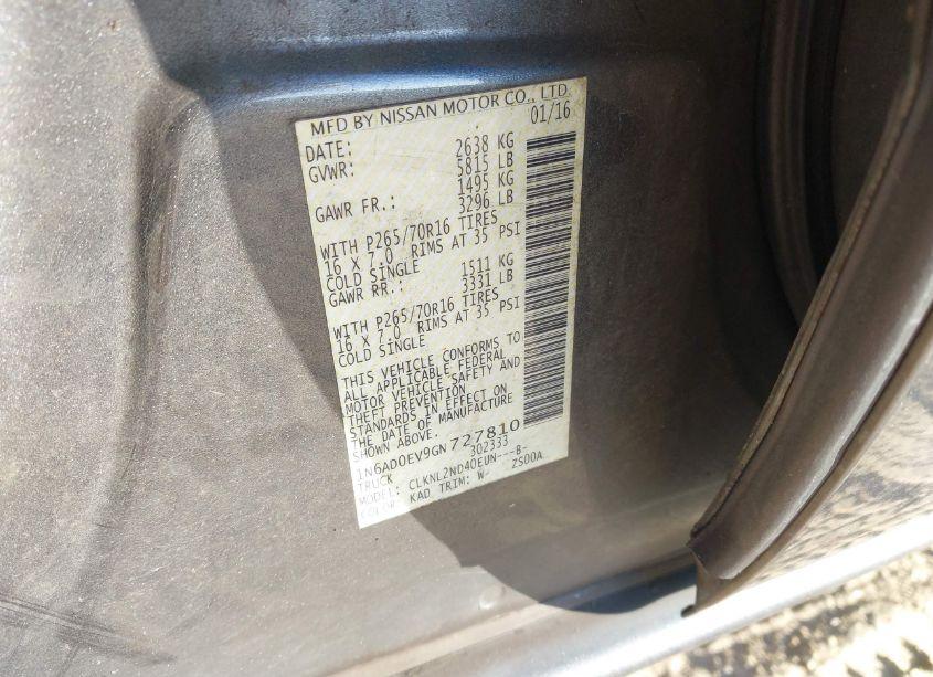 Photo 9 of 2016 Nissan Frontier PRO-4X/S/SL/SV (VIN 1N6AD0EV9GN727810)