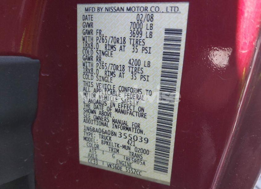 Photo 9 of 2008 Nissan Titan XE (VIN 1N6BA06A08N355039)