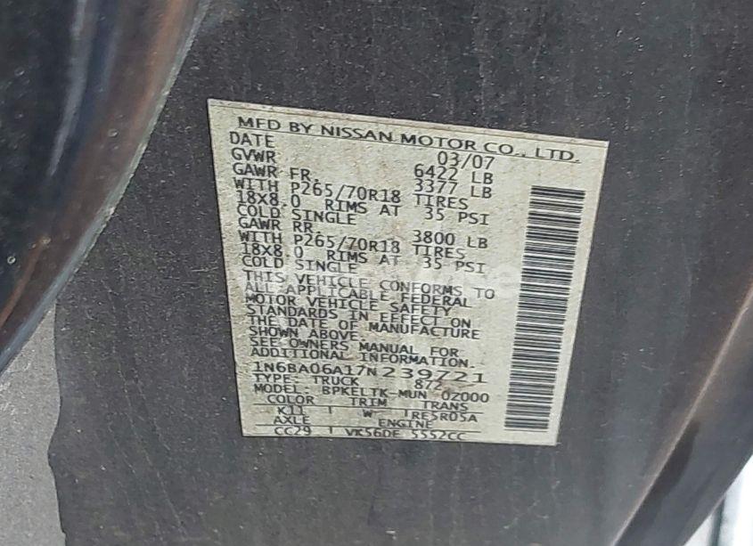 Photo 9 of 2007 Nissan Titan SE (VIN 1N6BA06A17N239721)