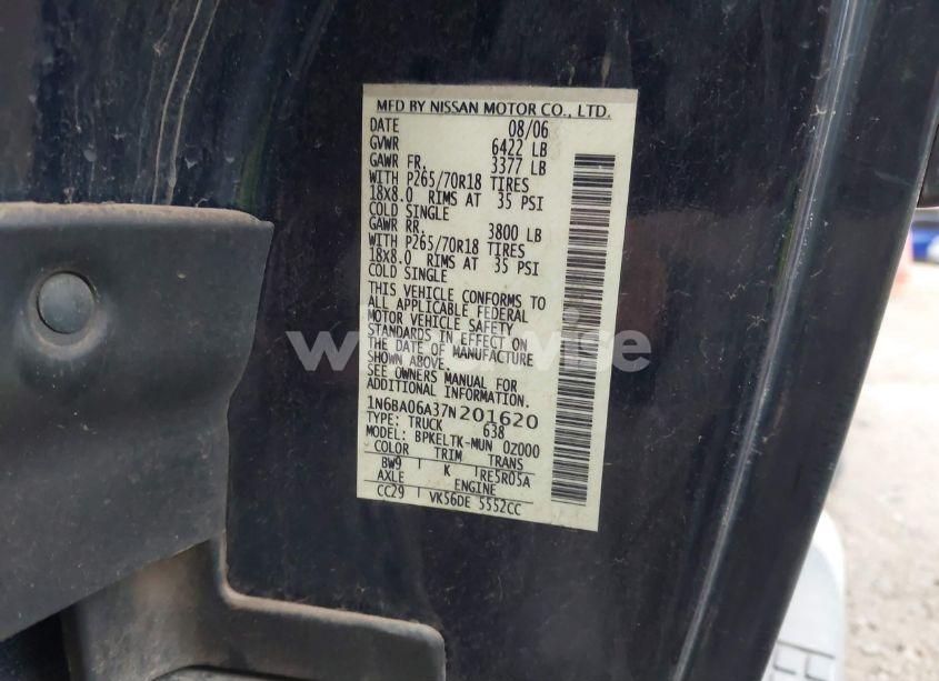 Photo 9 of 2007 Nissan Titan SE (VIN 1N6BA06A37N201620)