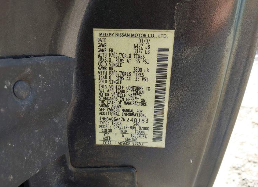Photo 9 of 2007 Nissan Titan SE (VIN 1N6BA06A47N240183)