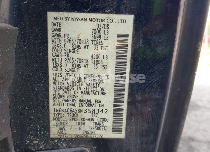 Photo 9 of 2008 Nissan Titan XE (VIN 1N6BA06A58N358342)