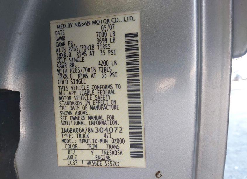 Photo 9 of 2008 Nissan Titan SE (VIN 1N6BA06A78N304072)