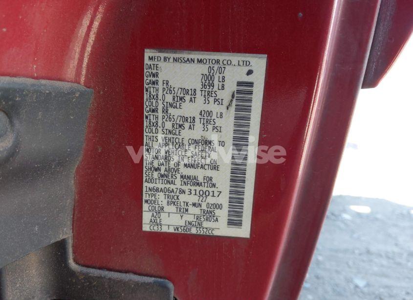 Photo 9 of 2008 Nissan Titan SE (VIN 1N6BA06A78N310017)